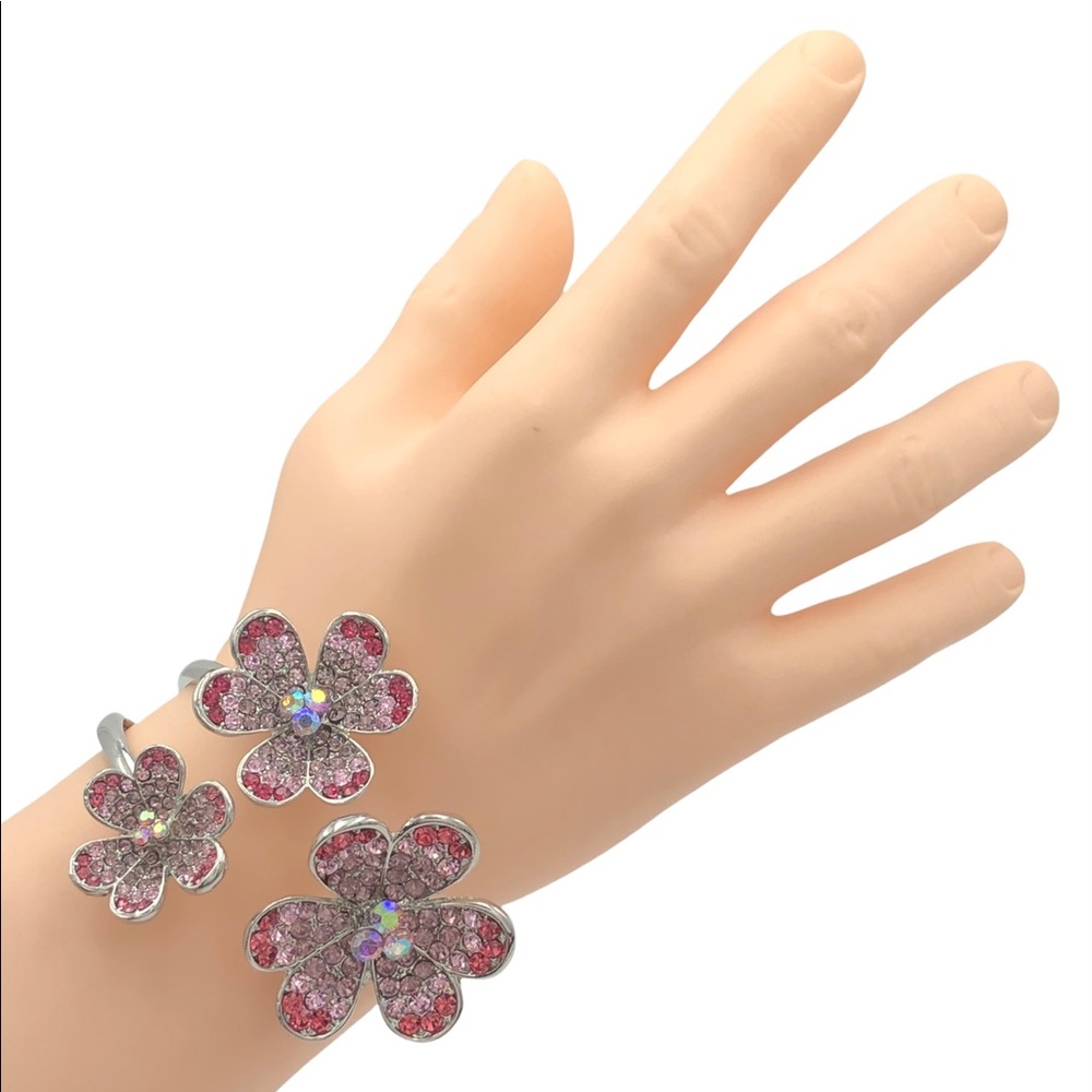 3 Daisy Flower Pink Rhinestone Silver Hinged Bangle Bracelet - Picture 2 of 3